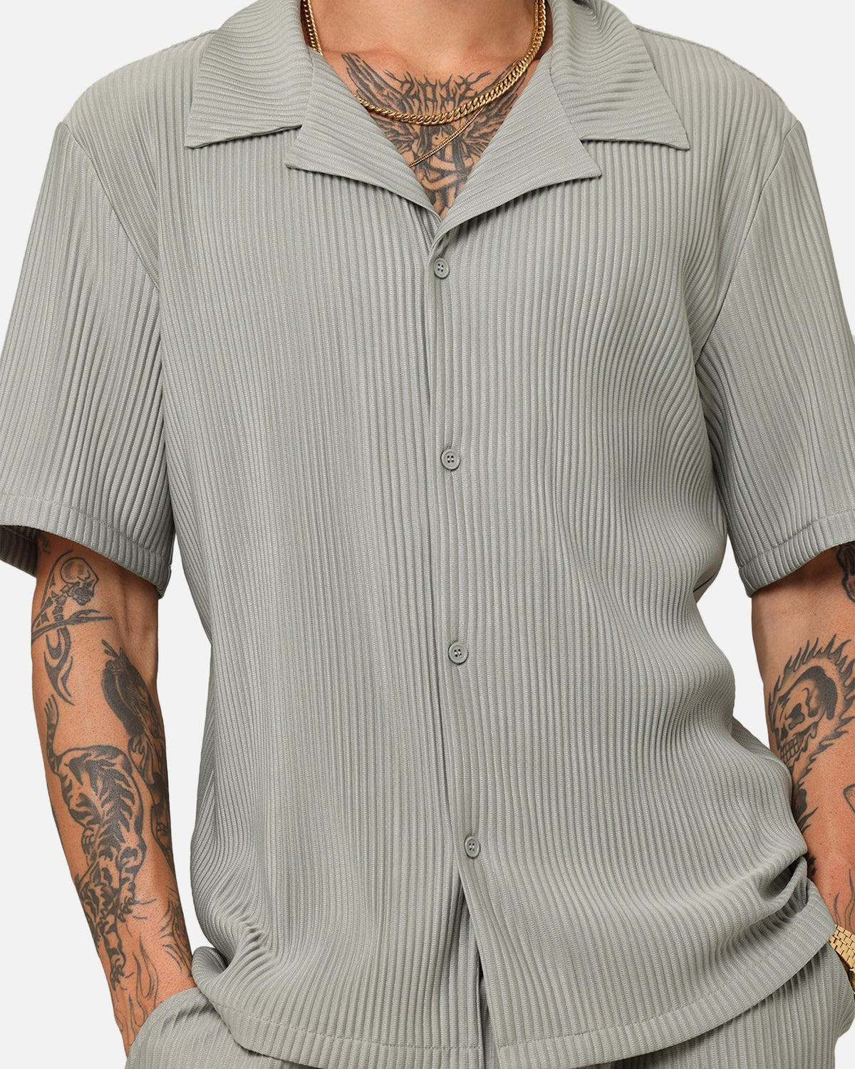 XXIII Pleated Button Up Shirt Olive