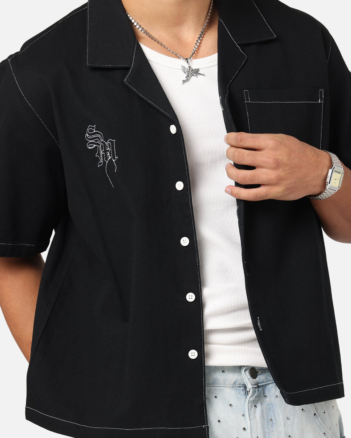 Saint Morta Fray Contrast Button Up Shirt Contrast Black