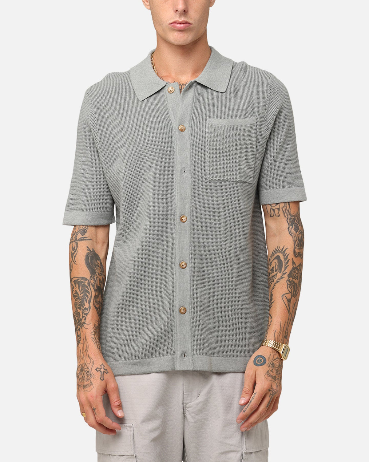 XXIII Zyair Knit Rib Button Up Shirt Olive