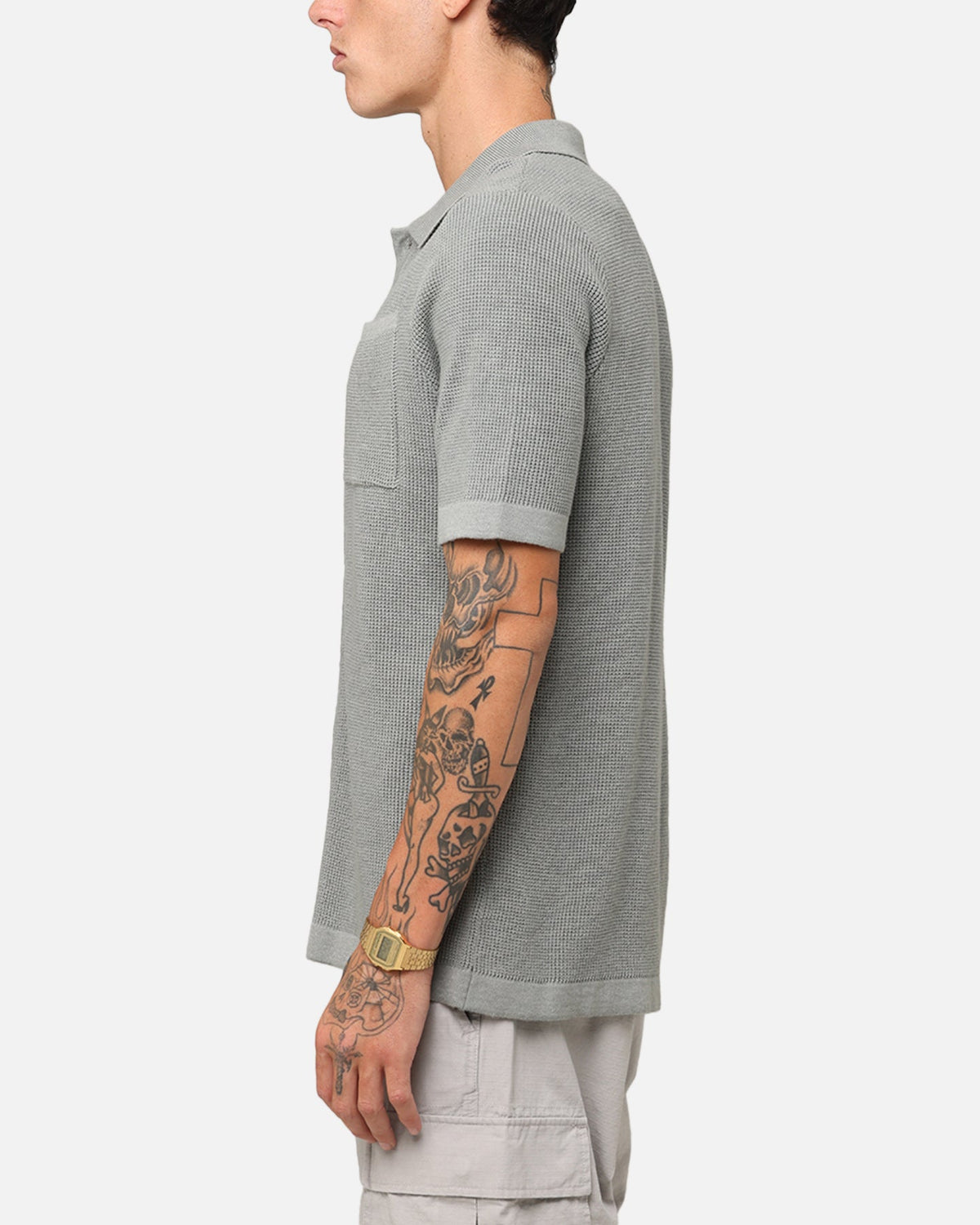 XXIII Zyair Knit Rib Button Up Shirt Olive
