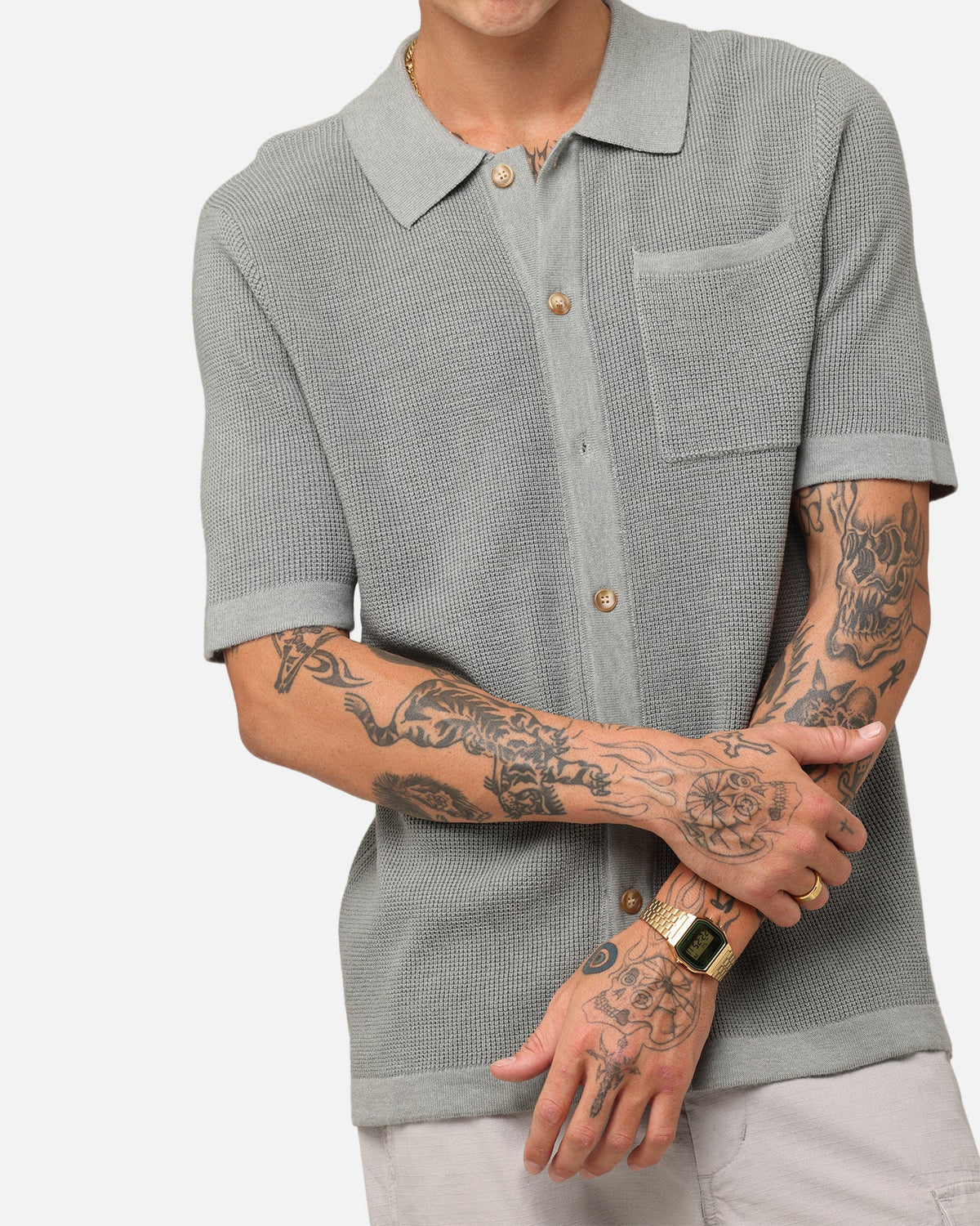 XXIII Zyair Knit Rib Button Up Shirt Olive