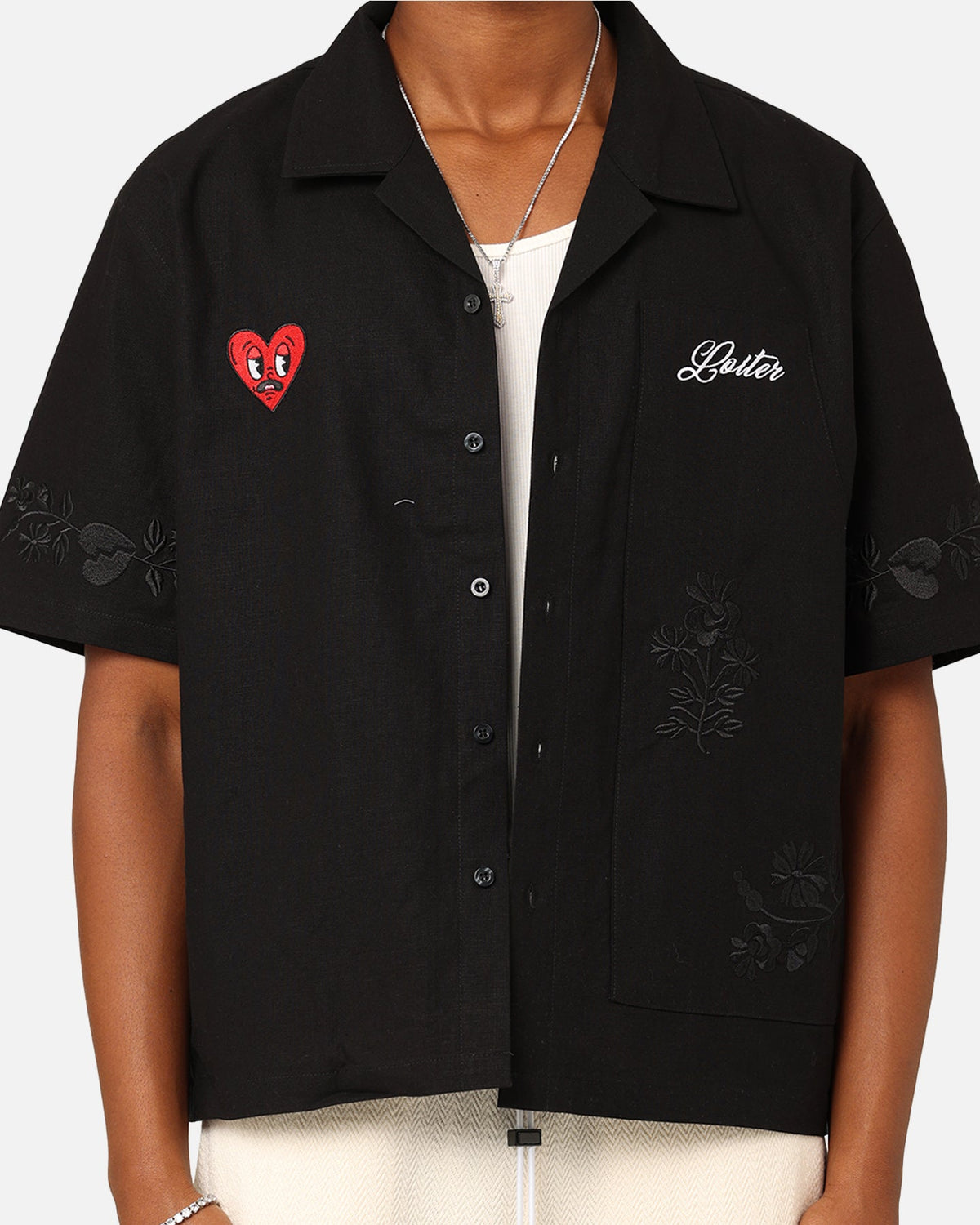 Loiter Oasis Embroidered Button Up Shirt Black