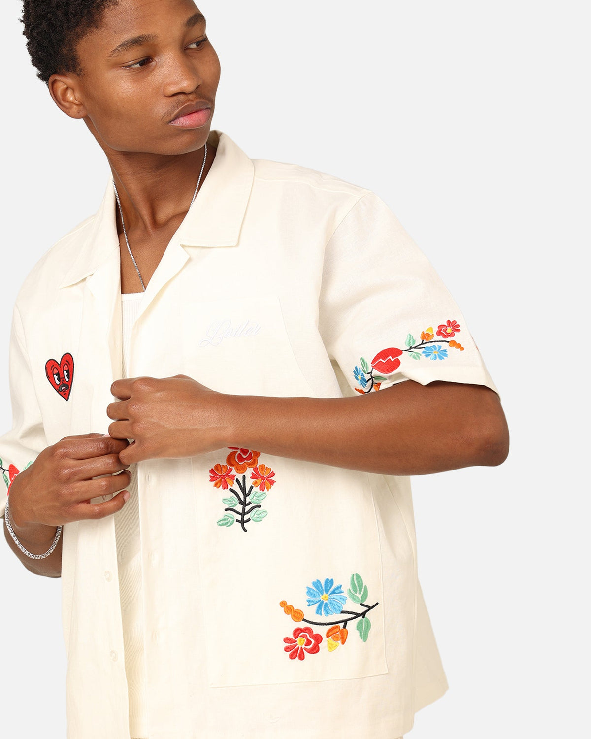 Loiter Oasis Embroidered Button Up Shirt Ecru