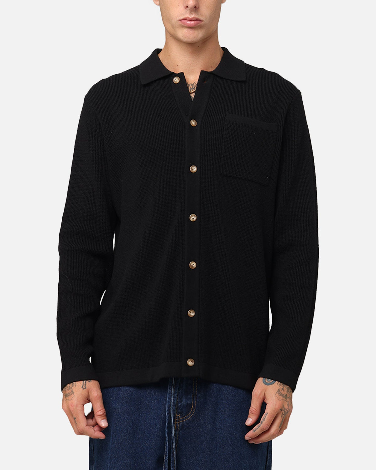 XXIII Zyair Knit Rib Long Sleeve Button Up Shirt Black