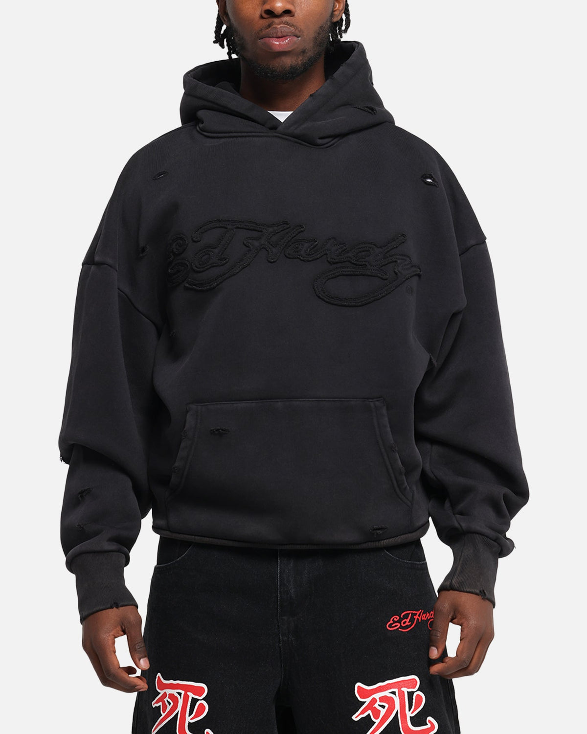 Ed Hardy Distressed Hoodie Washed Black