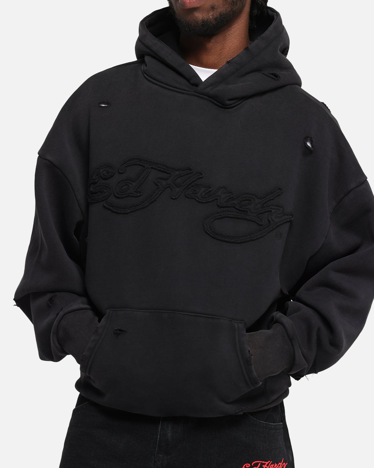 Ed Hardy Distressed Hoodie Washed Black