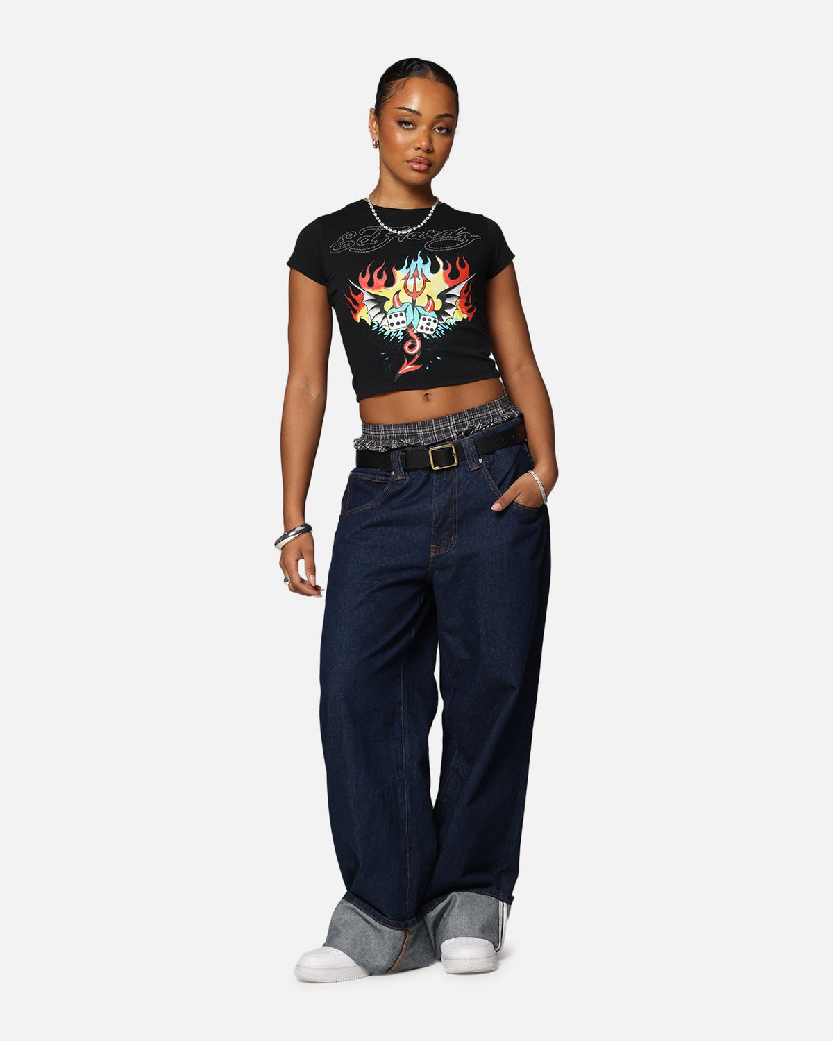 Ed Hardy Women's Flame Roll Baby T-Shirt Black