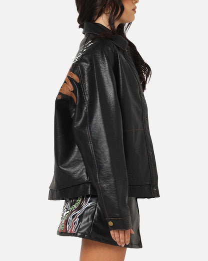 Ed Hardy Women's Vegan Leather Bomber Jacket Black