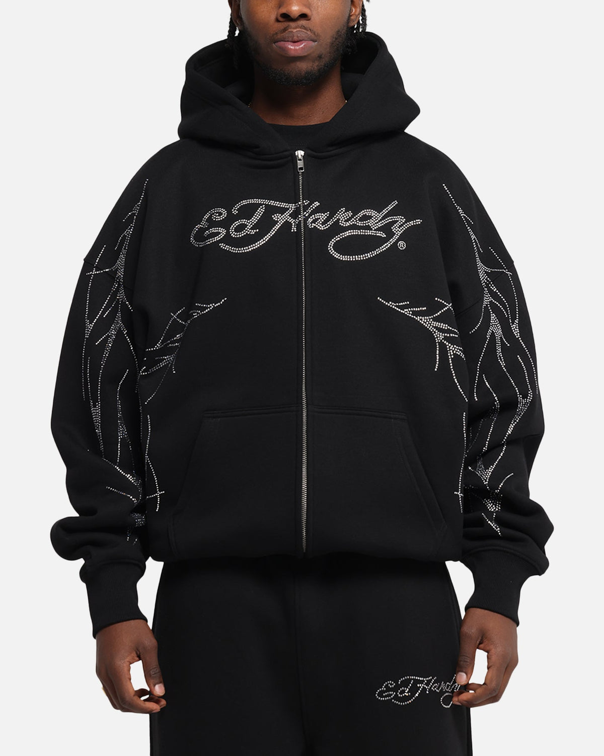 Ed Hardy Cyber Rhinestone Zip-Up Hoodie Black