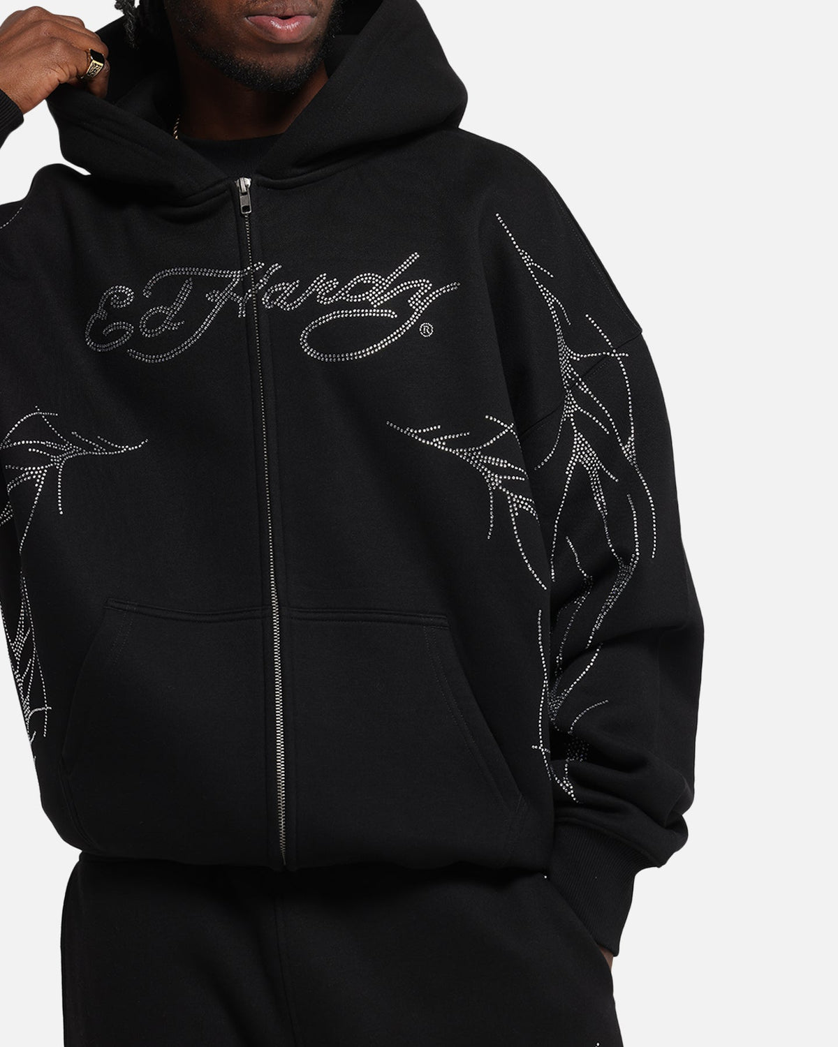 Ed Hardy Cyber Rhinestone Zip-Up Hoodie Black