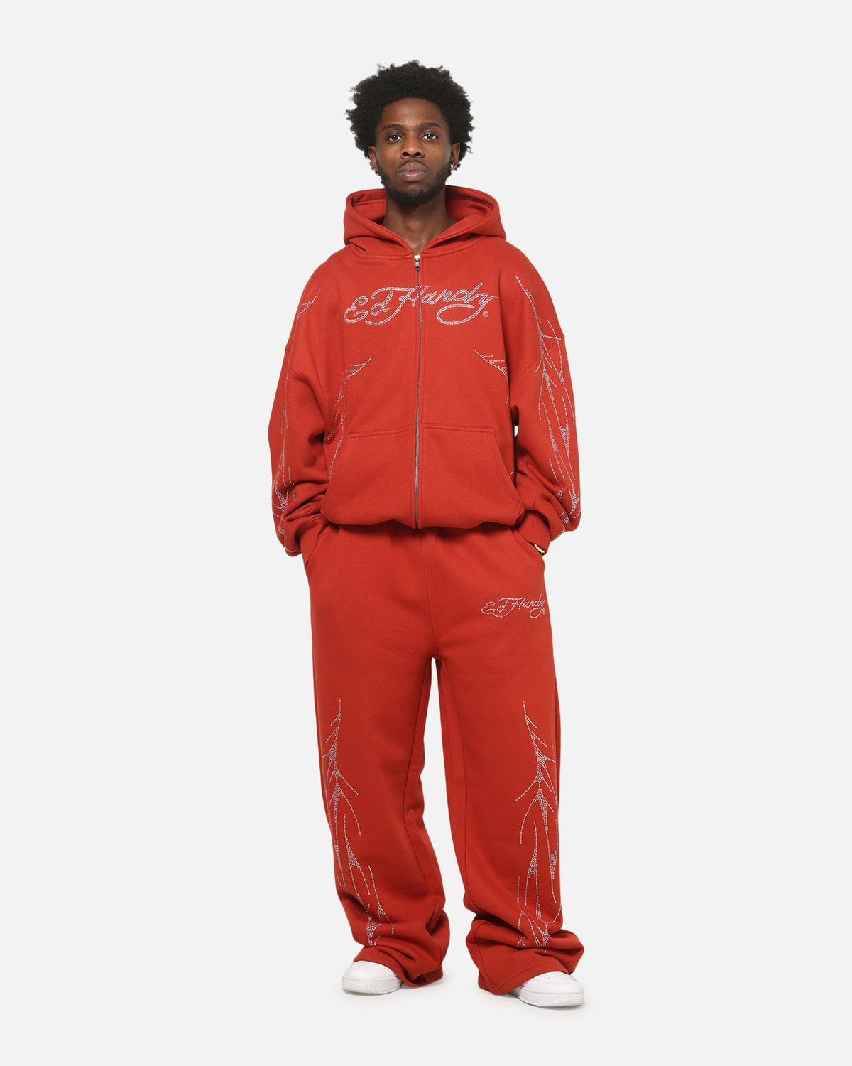 Ed Hardy Cyber Rhinestone Zip-Up Hoodie Red