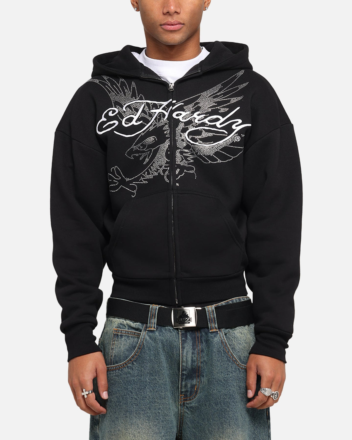 Ed Hardy Eagle Rhinestone Zip Hoodie Black