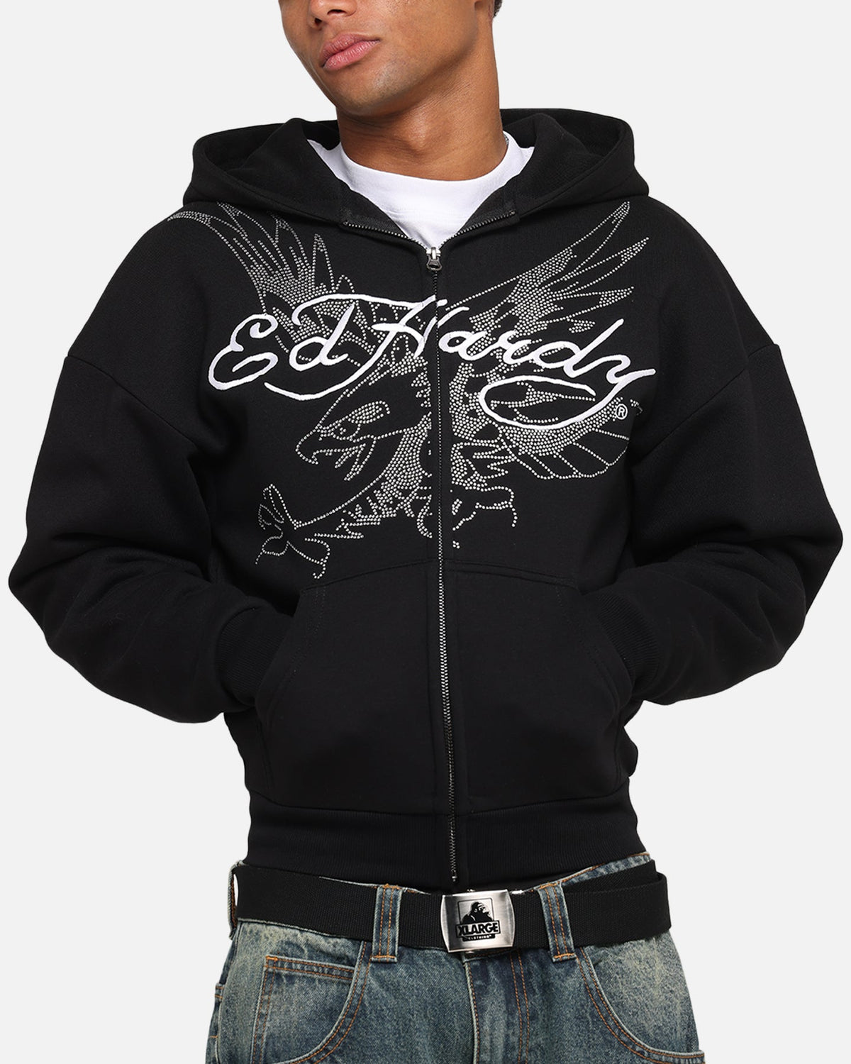 Ed Hardy Eagle Rhinestone Zip Hoodie Black
