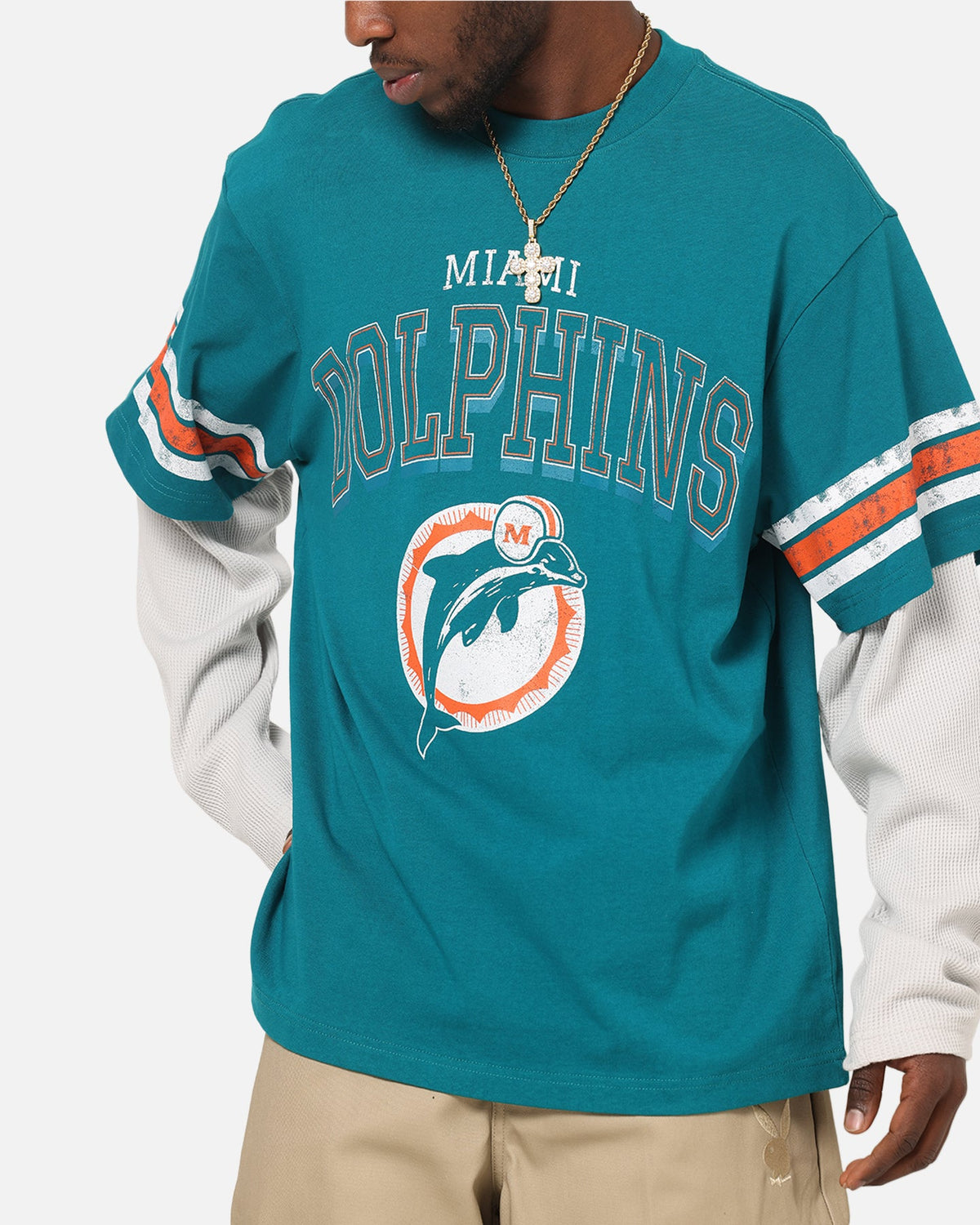 Mitchell & Ness Miami Dolphins Waffle Mock Layer Long Sleeve T-Shirt Teal