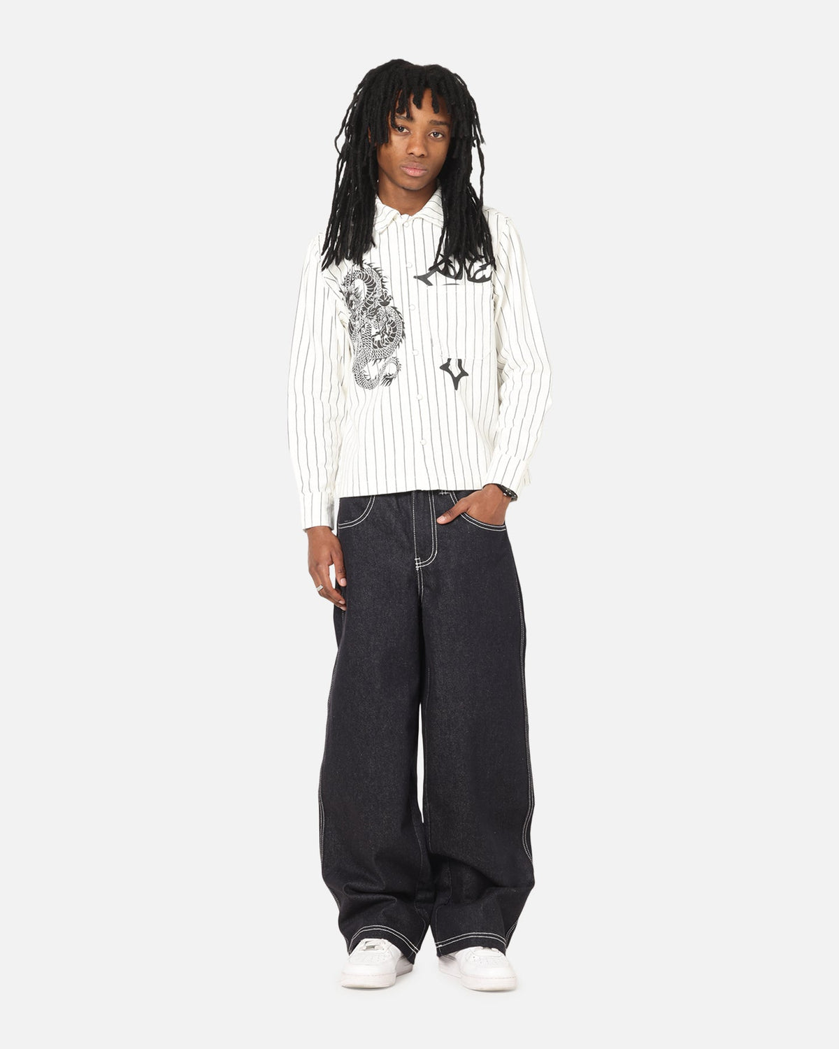 Ed Hardy Euro Button Up Shirt White Pinstripe