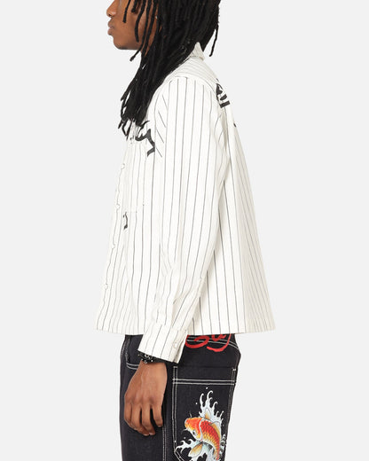 Ed Hardy Euro Button Up Shirt White Pinstripe