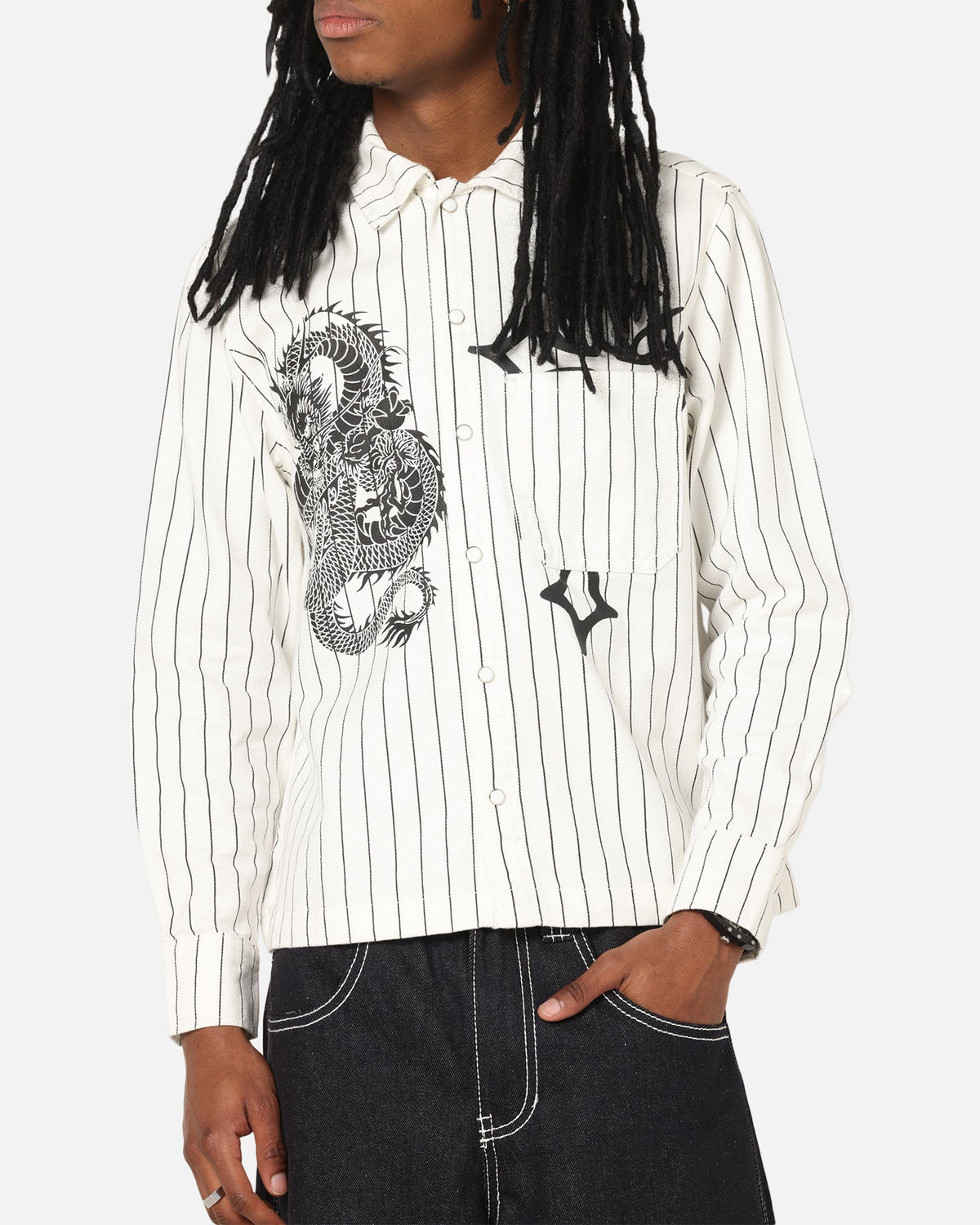 Ed Hardy Euro Button Up Shirt White Pinstripe