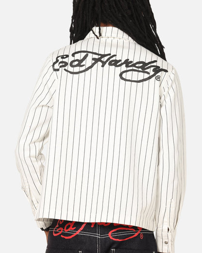 Ed Hardy Euro Button Up Shirt White Pinstripe