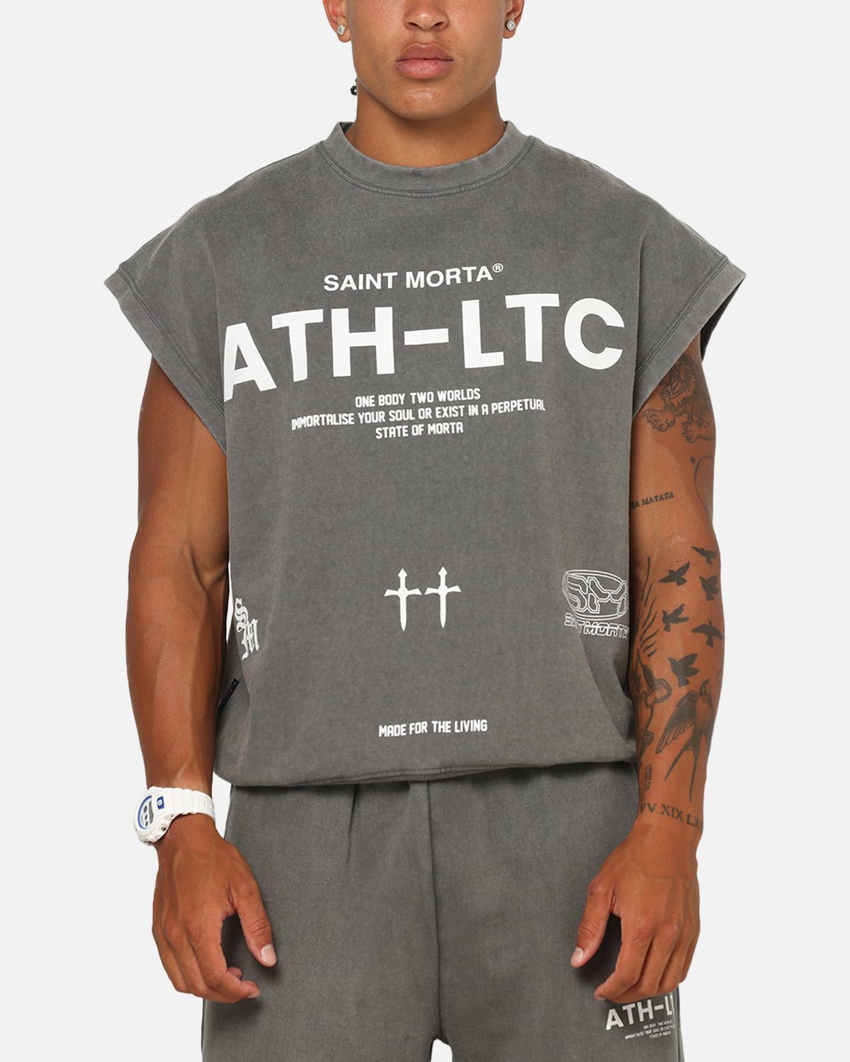 Saint Morta Athletc Cut Off Sweat T-Shirt Washed Charcoal