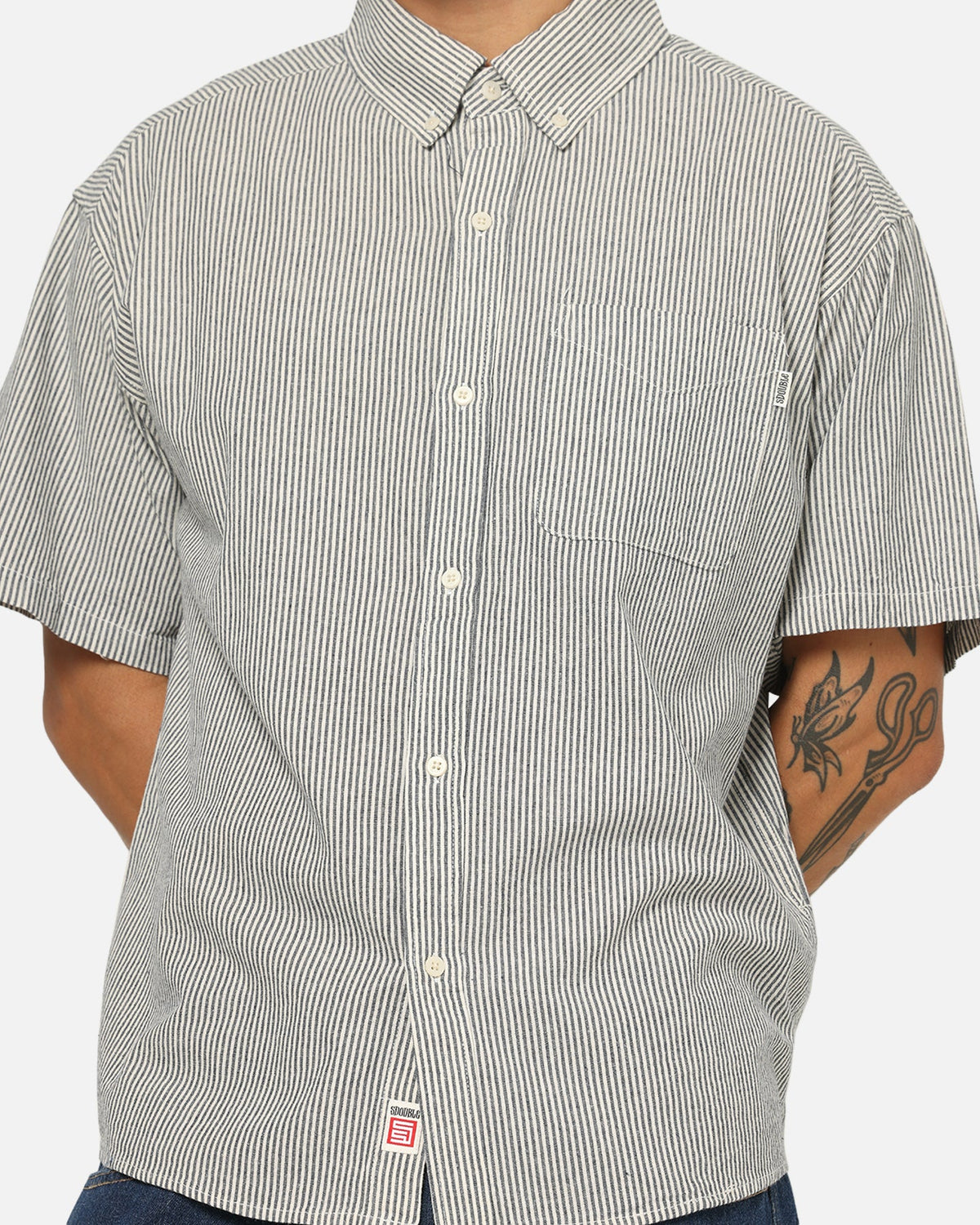 S Double Bay Stripe Classic Button Up Shirt Black/White Stripe