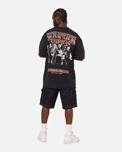73Studio X Stranger Things Hawkins Heroes T-Shirt Black Acidwash