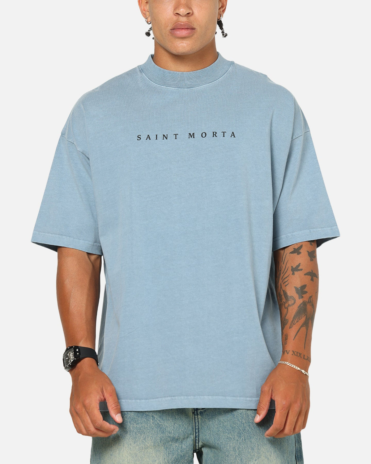 Saint Morta Conviction Mock Neck T-Shirt Denim Blue