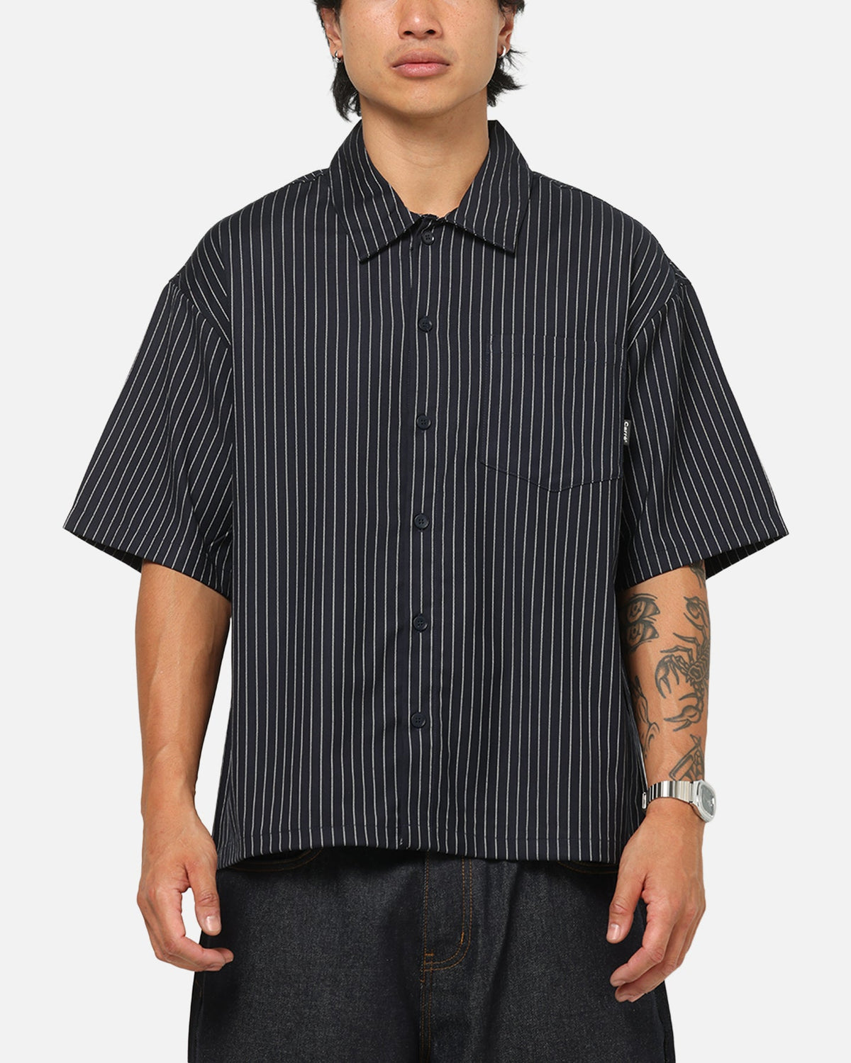 Carre Grid Button Up Shirt Navy Pinstripe