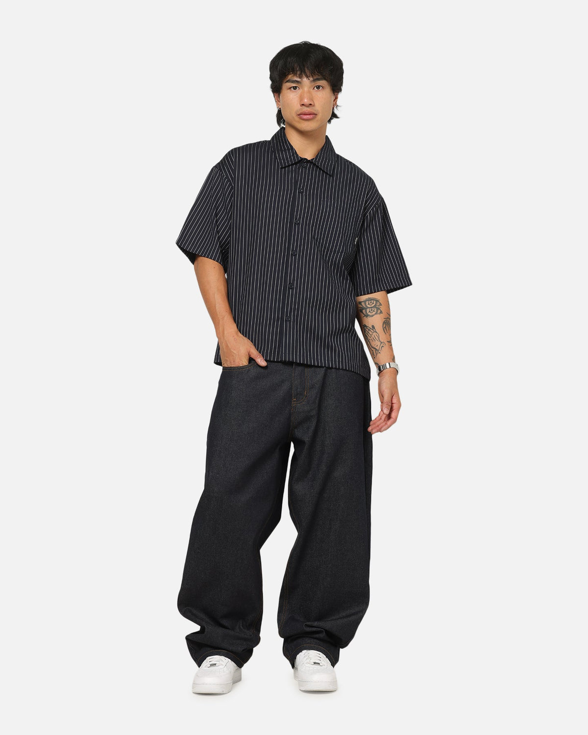 Carre Grid Button Up Shirt Navy Pinstripe