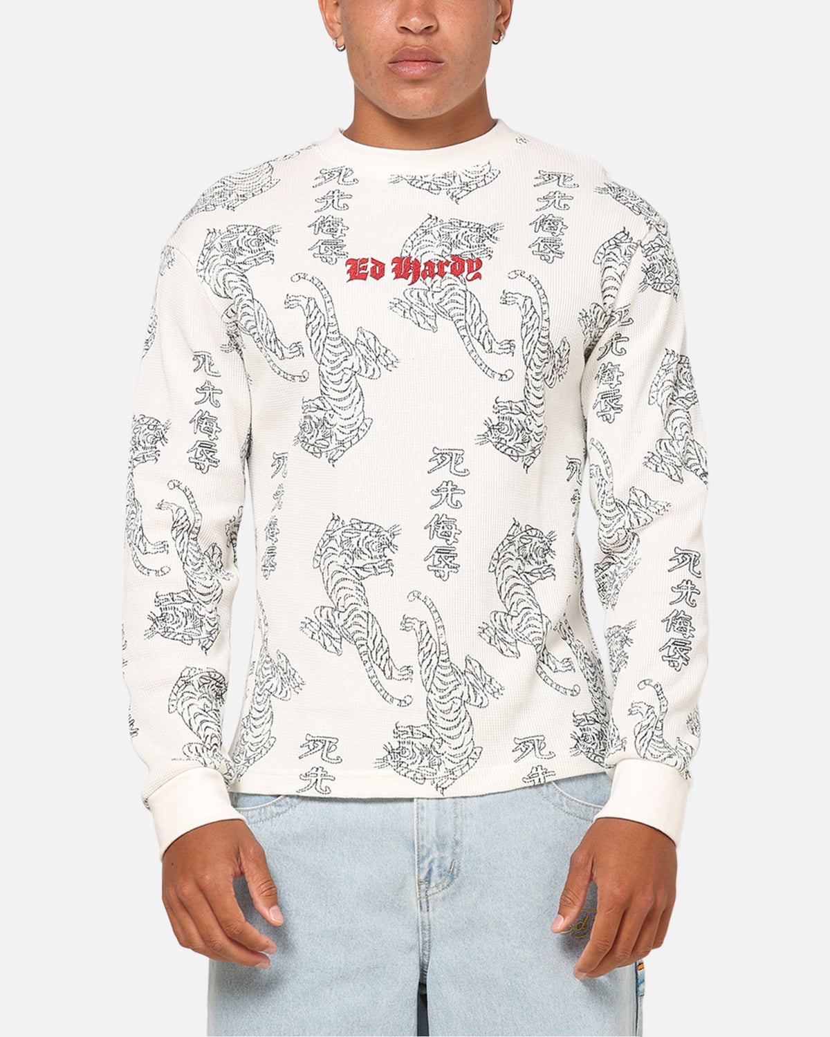 Ed Hardy Tiger Waffle Long Sleeve T-Shirt Off White