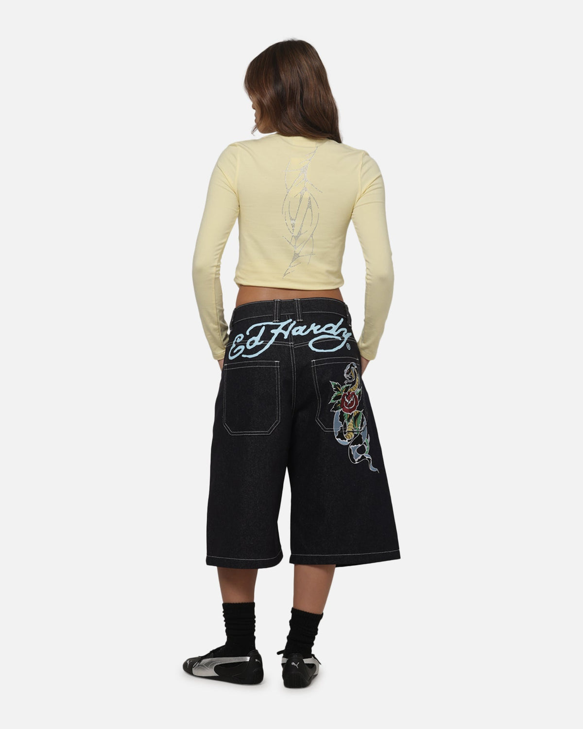 Ed Hardy Women's Cyber Rhinestone Long Sleeve T-Shirt Butter Yellow