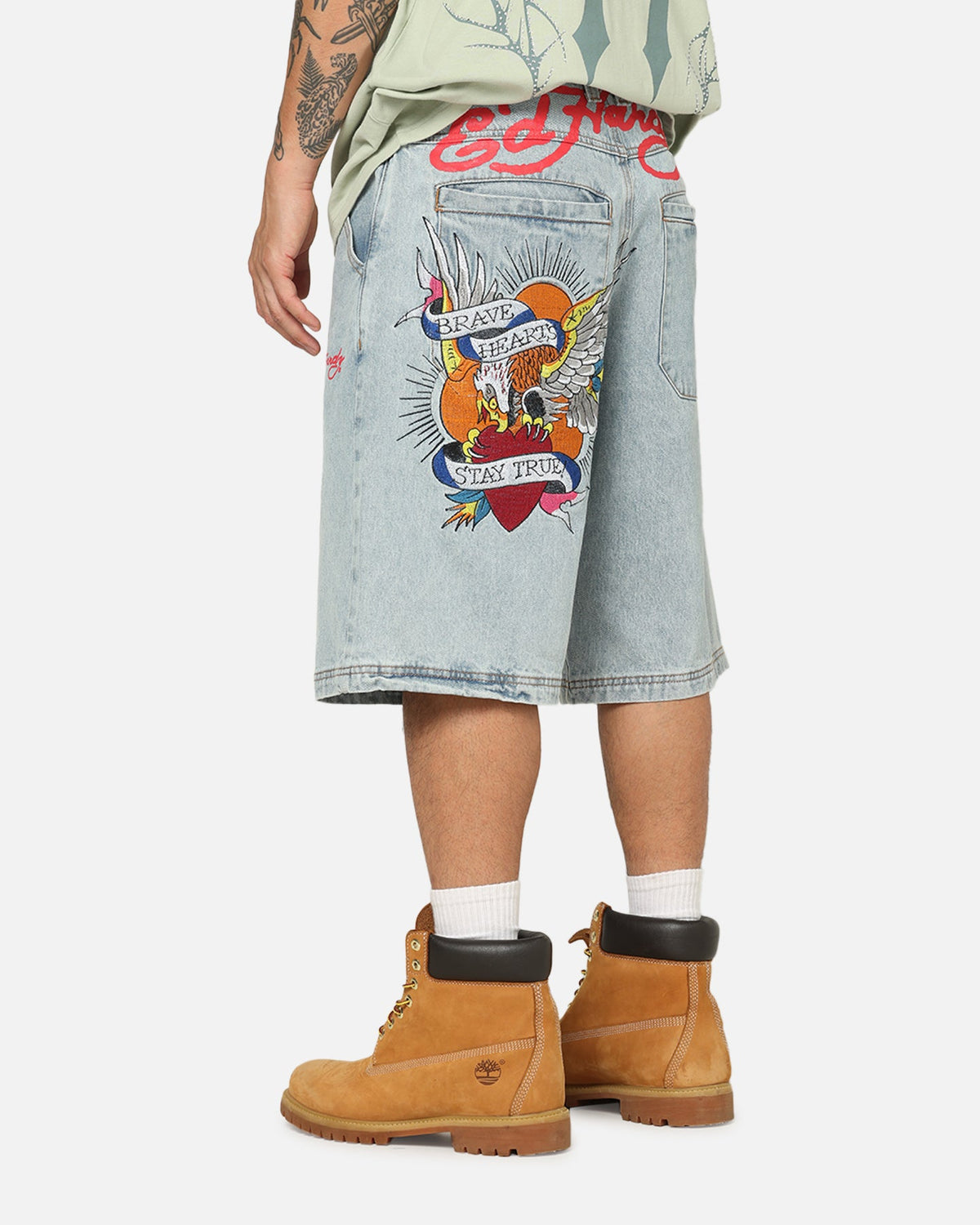 Ed Hardy Brave Hearts Jorts Light Wash Denim