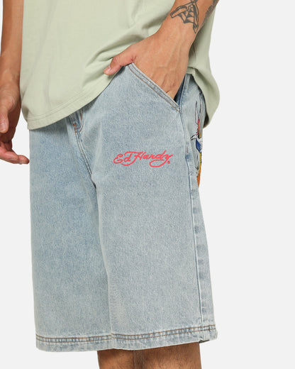 Ed Hardy Brave Hearts Jorts Light Wash Denim