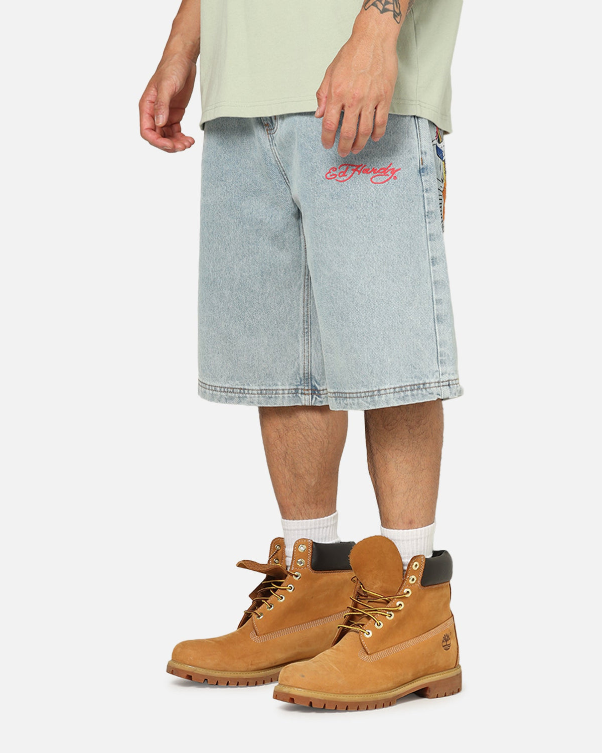 Ed Hardy Brave Hearts Jorts Light Wash Denim