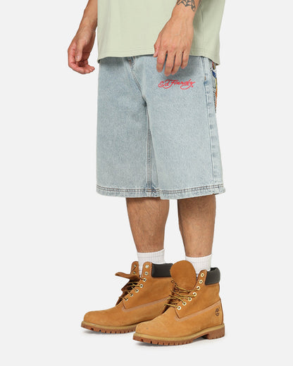 Ed Hardy Brave Hearts Jorts Light Wash Denim