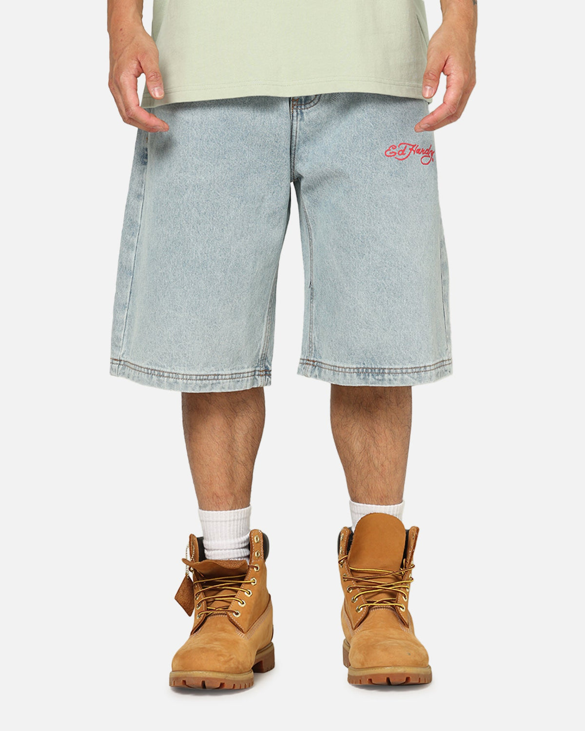 Ed Hardy Brave Hearts Jorts Light Wash Denim